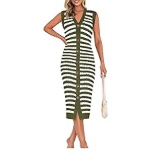 Button Down Striped Green and White Sleeveless Sweater Dress